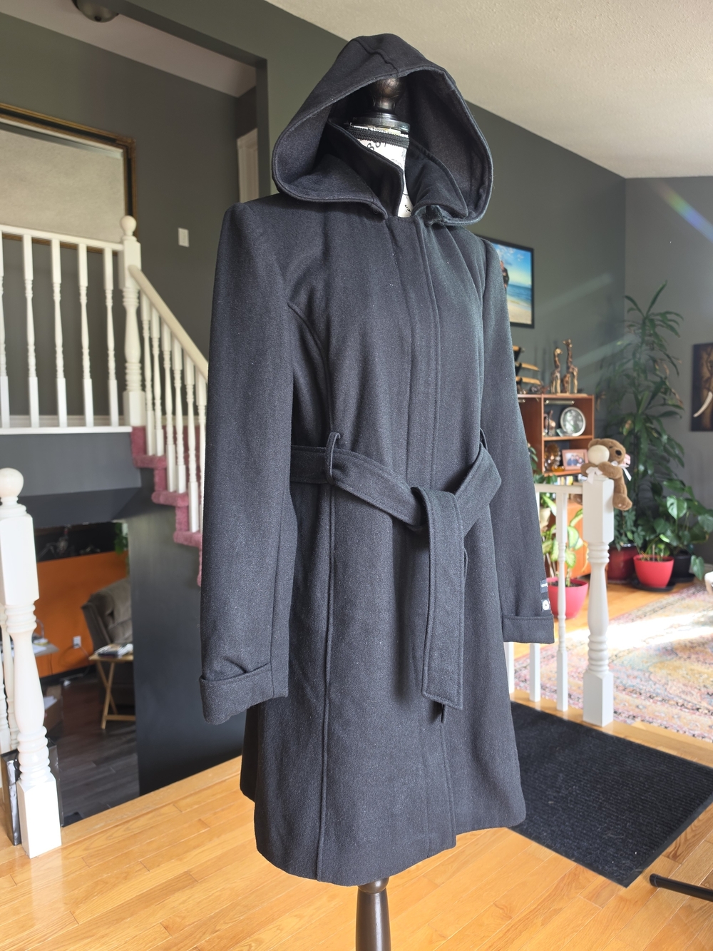 NWOT Women's Black Hooded Belted Wool-Blend Coat